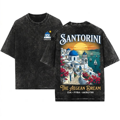Santorini Greece Coastal Vacation Summer Beach Graphic Vintage Souvenir Unisex Wash T-Shirt