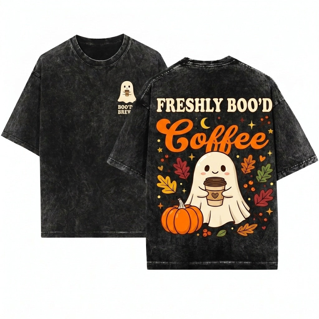 Freshly Bood Coffee Vintage Halloween Ghost Lover Unisex Wash T-Shirt