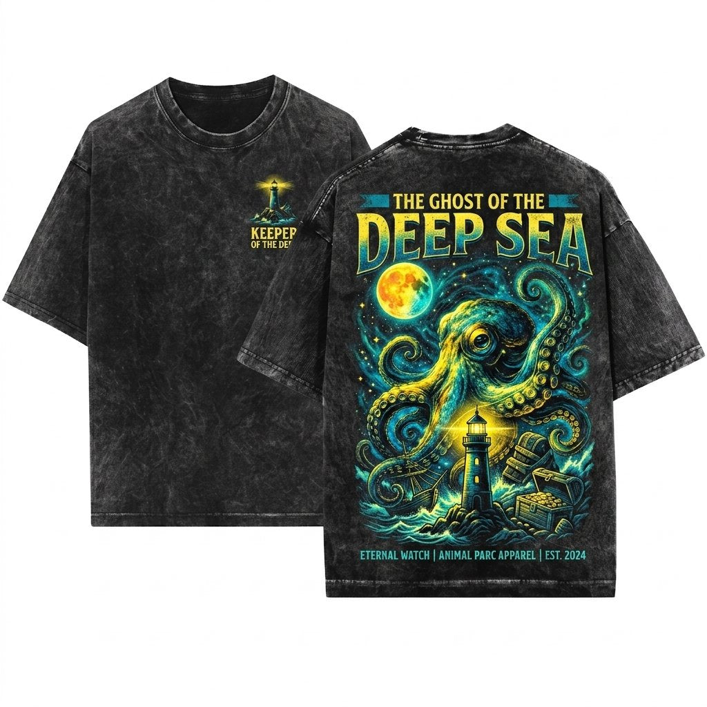 Octopus Full Moon Ocean Life Sea Creature Lighthouse Beach Holiday Dark Vintage Unisex Wash T-Shirt