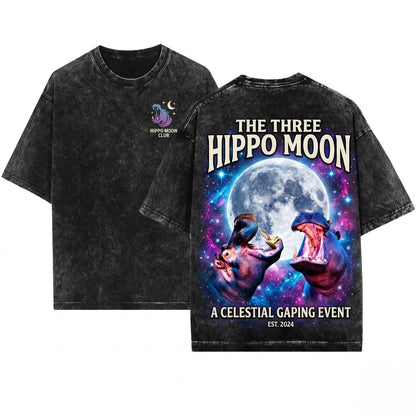 Three Hippo Retro Vintage Moon Graphic Oversized Funny Gift Him Unisex Wash T-Shirt