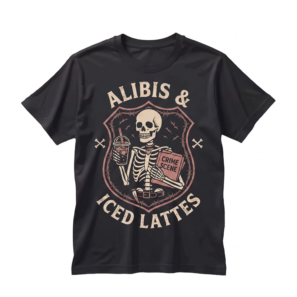 Alibis And Iced Lattes Skeleton Goth True Crime Coffee Lover Gift Womens Unisex TShirt