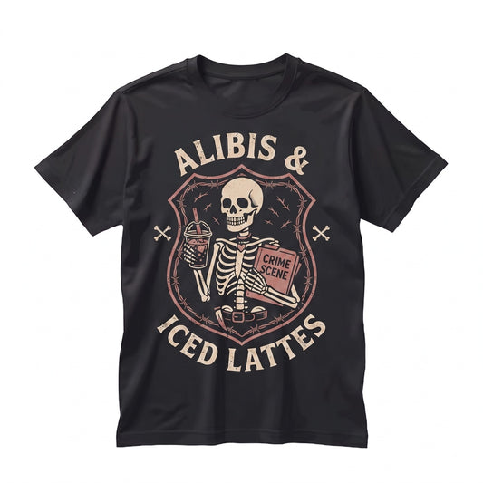 Alibis And Iced Lattes Skeleton Goth True Crime Coffee Lover Gift Womens Unisex TShirt