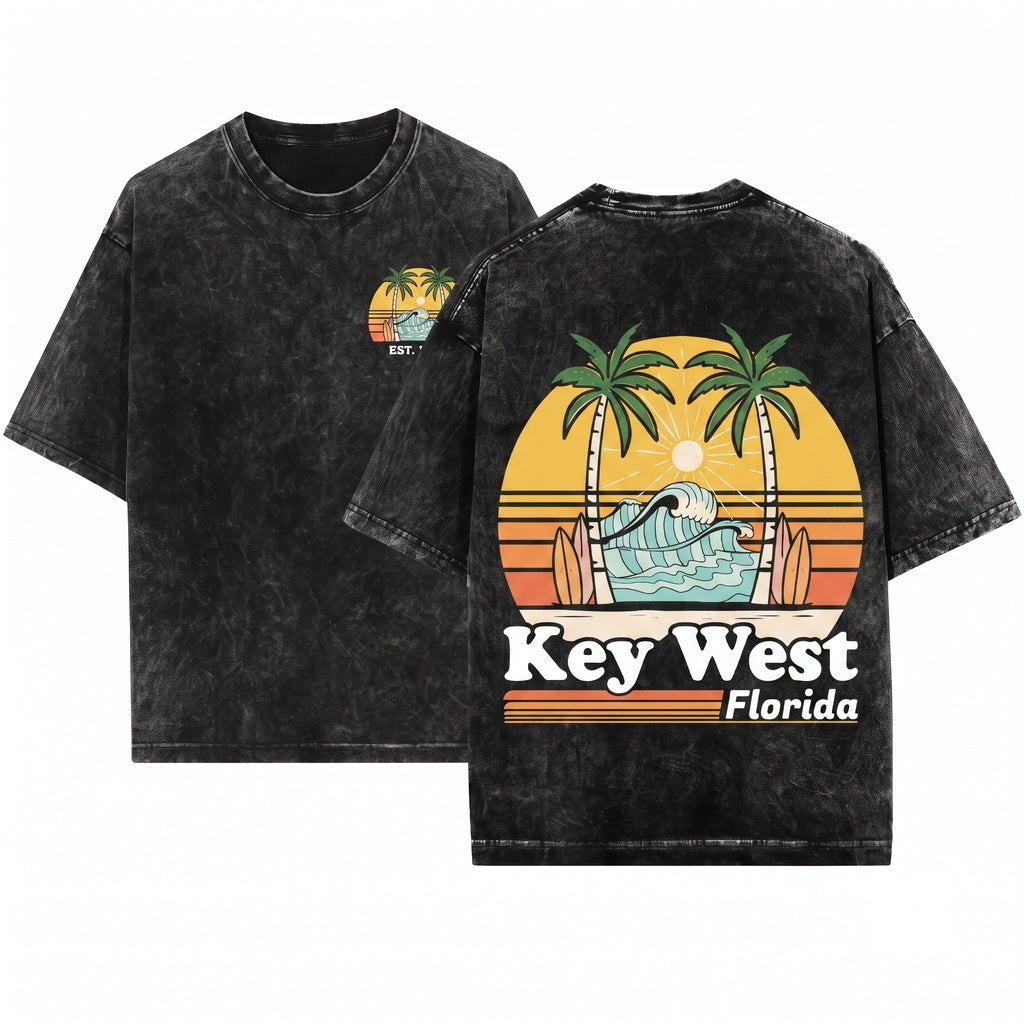 Key West Florida Beach Tropical Ocean Travel Graphic Coastal Vacation Tourist Gift Summer Island Vibes Unisex Wash T-Shirt