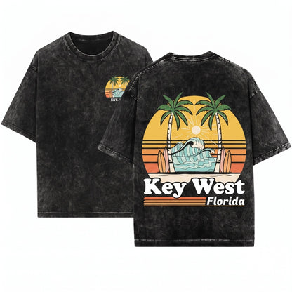 Key West Florida Beach Tropical Ocean Travel Graphic Coastal Vacation Tourist Gift Summer Island Vibes Unisex Wash T-Shirt