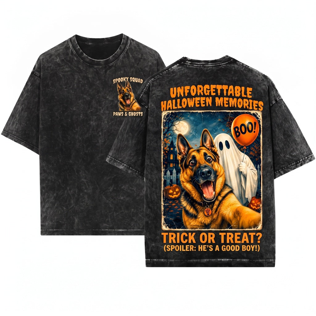 German Shepherd Ghost Selfie Funny Halloween Dog Unisex Wash T-Shirt