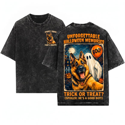 German Shepherd Ghost Selfie Funny Halloween Dog Unisex Wash T-Shirt
