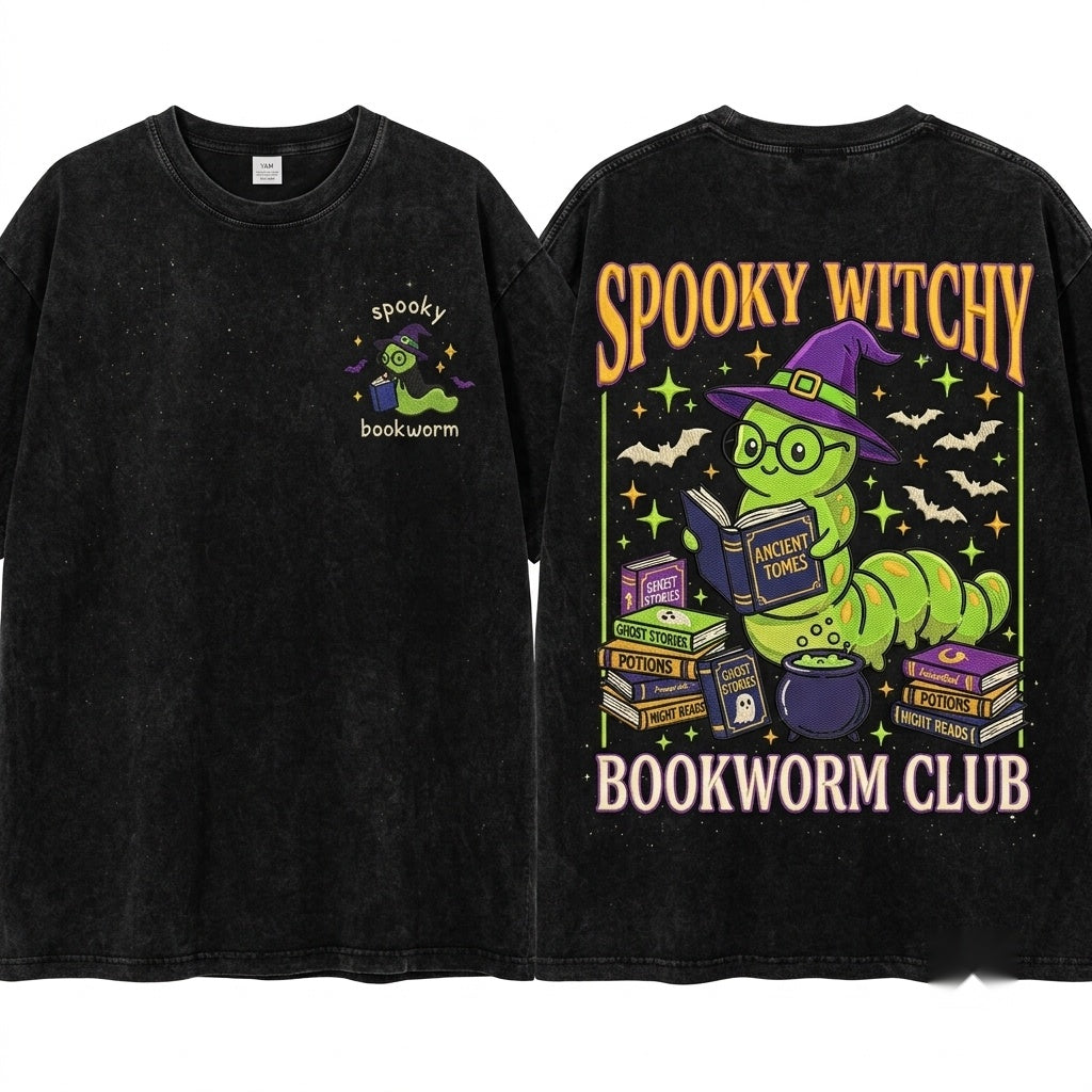 Spooky Bookworm Embroidered Halloween Reader Unisex Wash T-Shirt