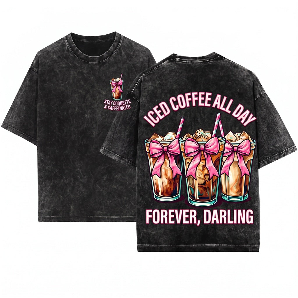 Coquette Pink Bow Iced Coffee Lover Aesthetic Gift Weather Cute Unisex Wash T-Shirt