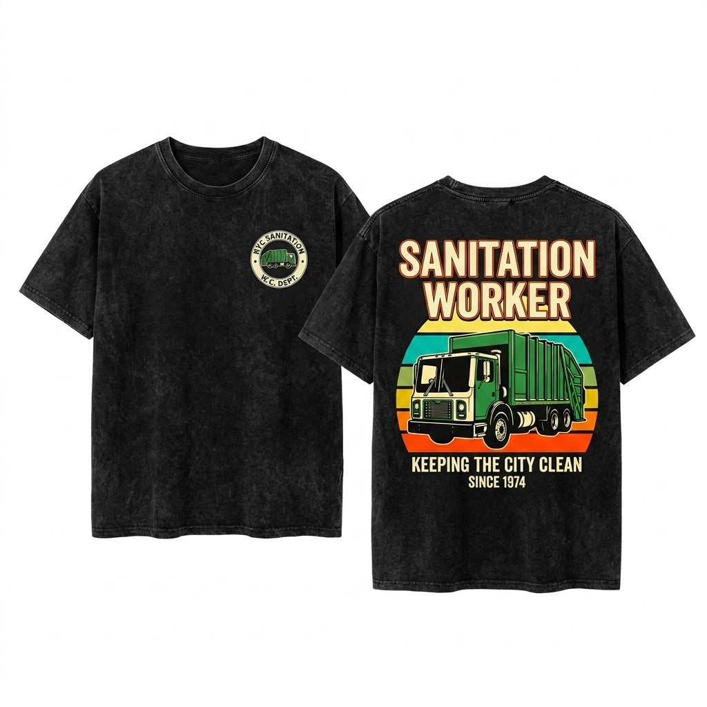 Retro Garbage Truck Sunset Waste Management Driver Sanitation Worker Collector Vintage Graphic Gift Apparel Unisex Wash T-Shirt
