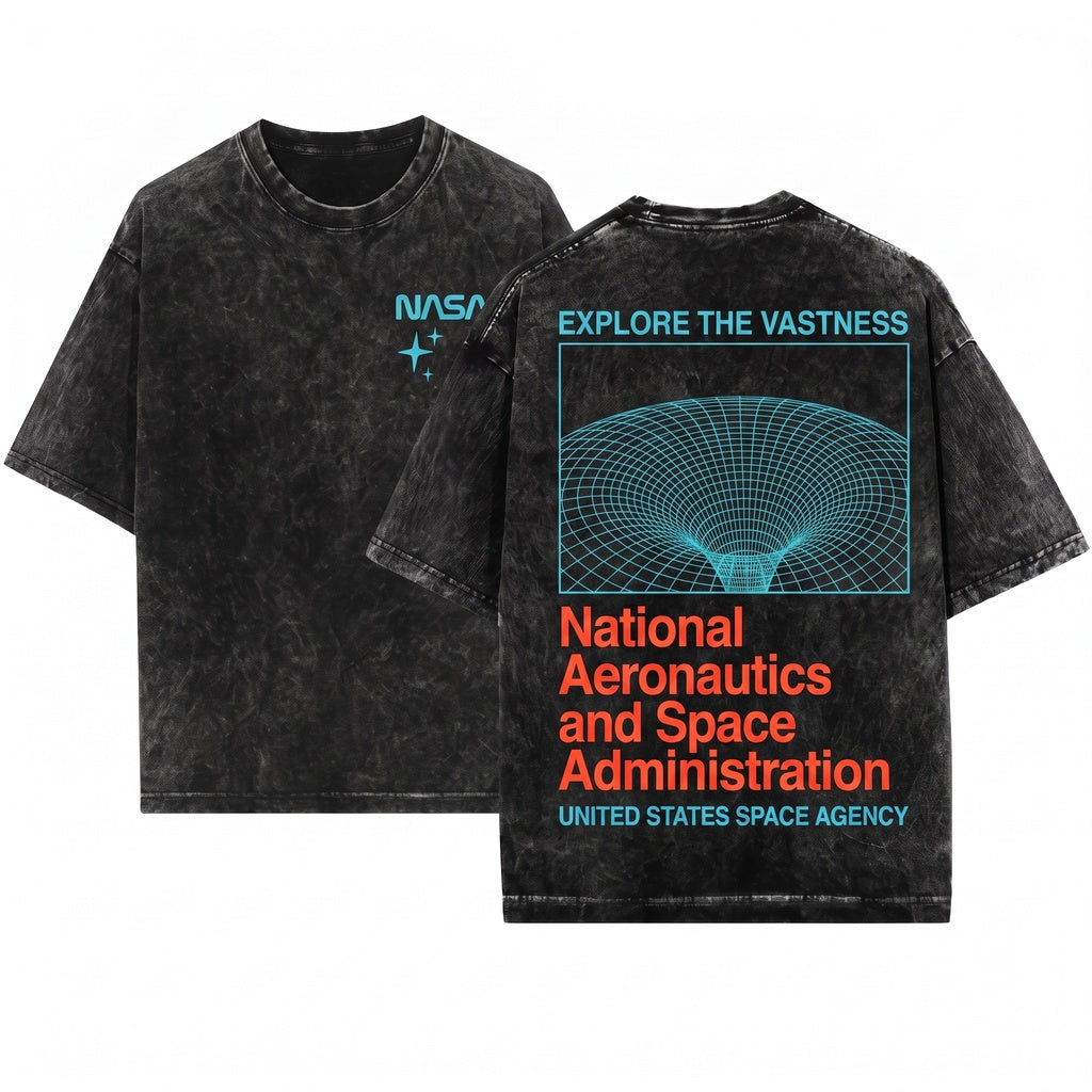 NASA Wormhole Retro Space Logo Front Back Graphic Print Unisex Wash T-Shirt