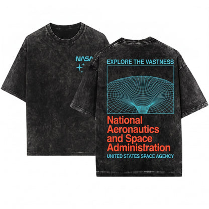 NASA Wormhole Retro Space Logo Front Back Graphic Print Unisex Wash T-Shirt
