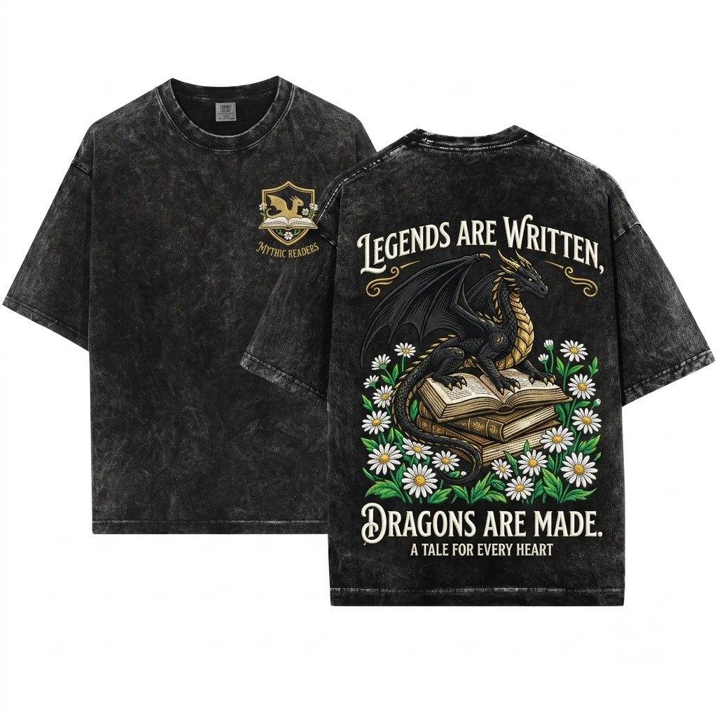 Cozy Embroidered Dragon Daisies Bookish Reader Gift Unisex Wash T-Shirt