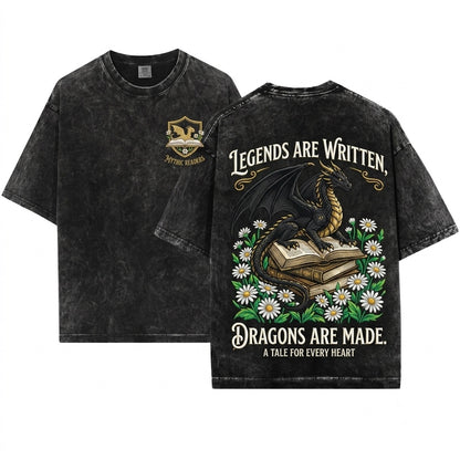 Cozy Embroidered Dragon Daisies Bookish Reader Gift Unisex Wash T-Shirt