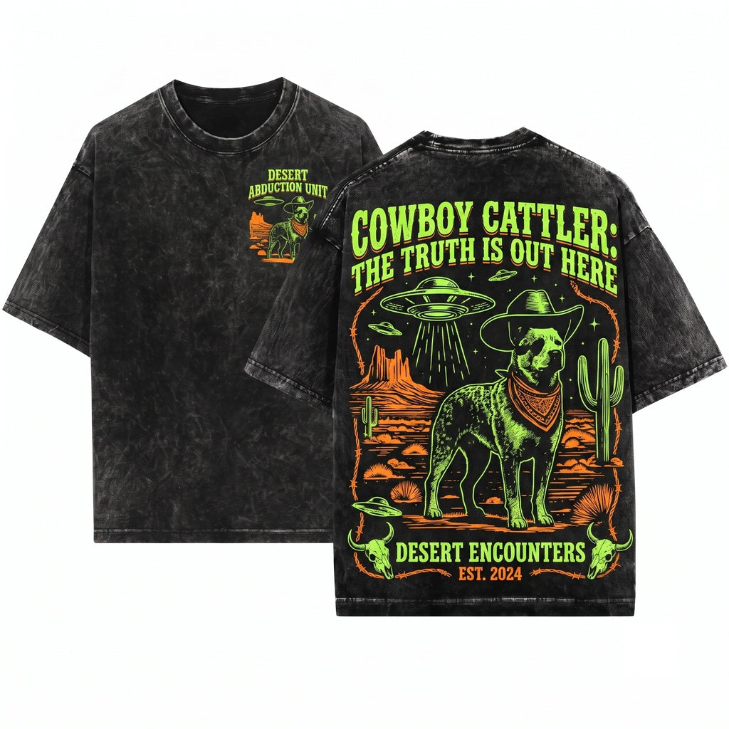 Cowboy Australian Cattle Dog UFO Vintage Western Desert Graphic Blue Heeler Wild West Lovers Gift Unisex Wash T-Shirt