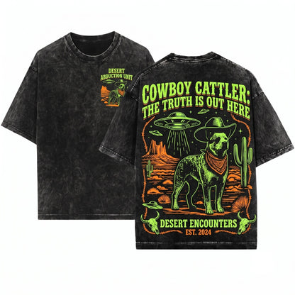 Cowboy Australian Cattle Dog UFO Vintage Western Desert Graphic Blue Heeler Wild West Lovers Gift Unisex Wash T-Shirt