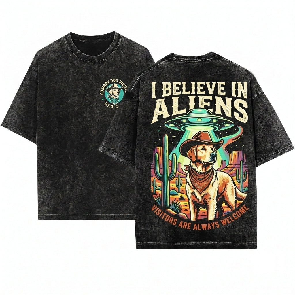 Vintage Golden Retriever UFO Western Cowboy Retro Alien Dog Mom Dad Gift Unisex Wash T-Shirt
