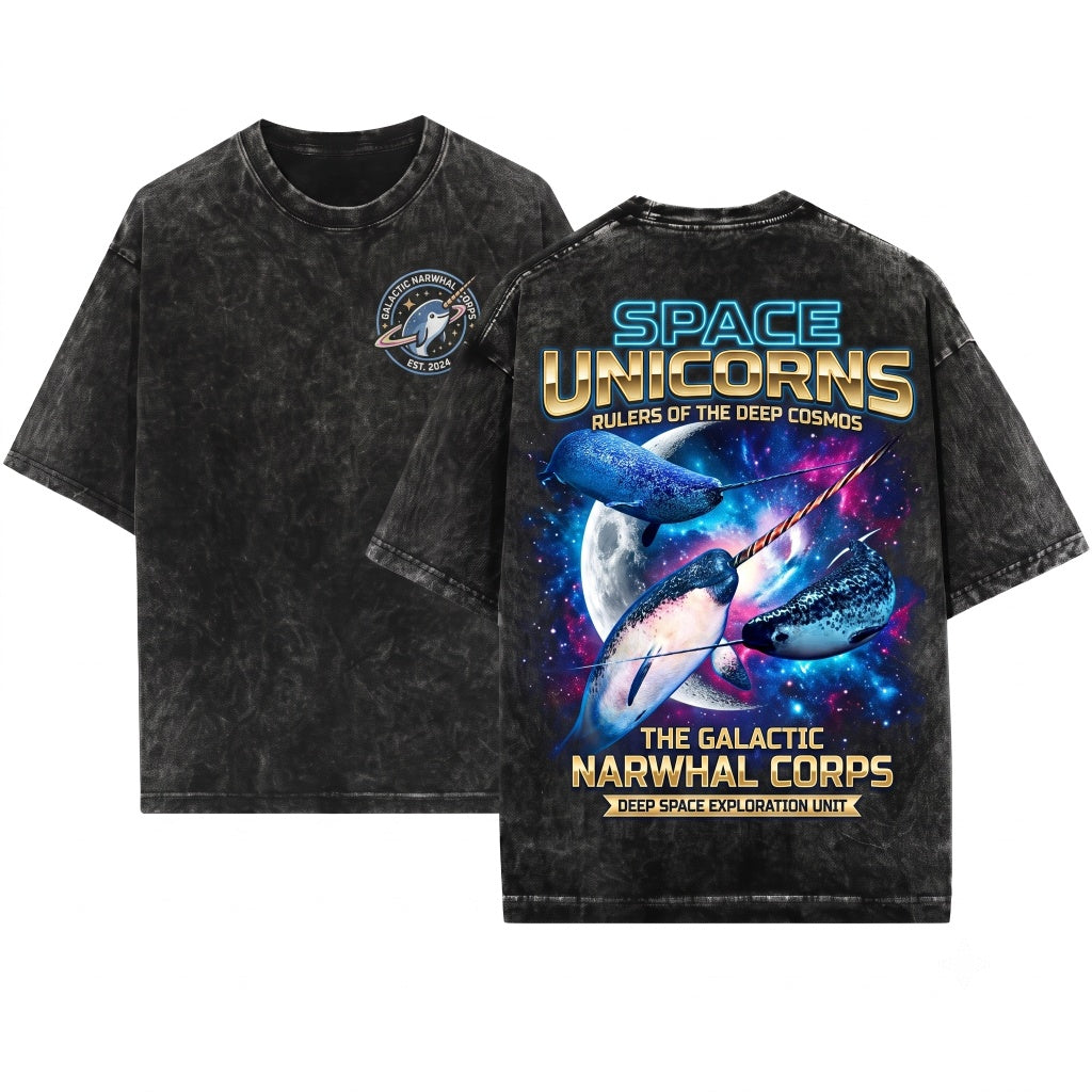Space Galaxy Narwhal Moon Ocean Unicorn Whale Graphic Unisex Wash T-Shirt