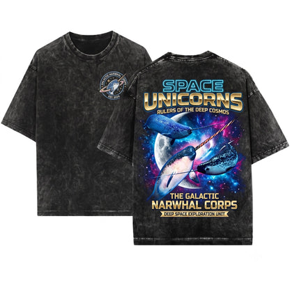 Space Galaxy Narwhal Moon Ocean Unicorn Whale Graphic Unisex Wash T-Shirt