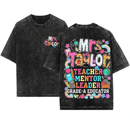 Custom Teacher Name Doodle Personalized Mrs Cute Back To School Trendy Appreciation Gift Unisex Wash T-Shirt