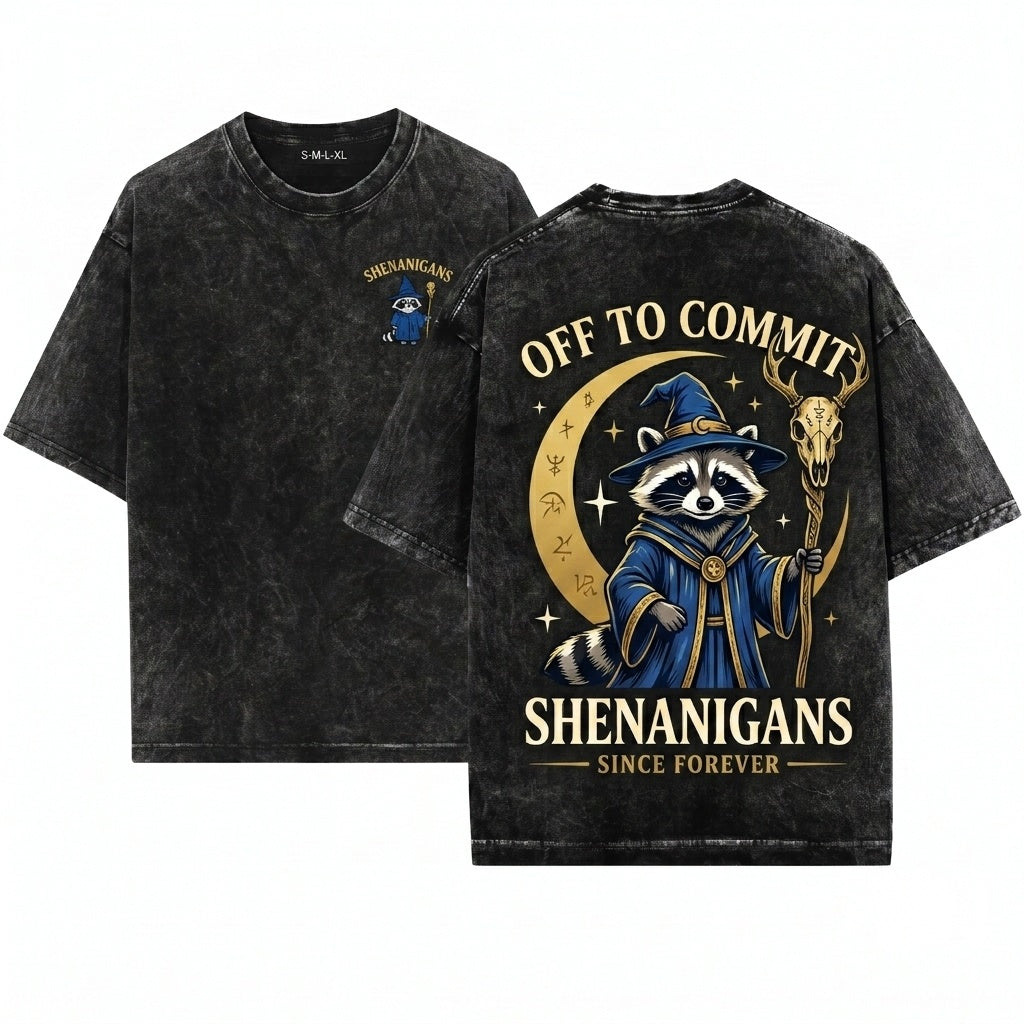 Off To Commit Shenanigans Raccoon Wizard Embroidered Funny Fantasy Ren Faire Unisex Wash T-Shirt