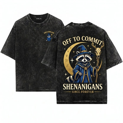 Off To Commit Shenanigans Raccoon Wizard Embroidered Funny Fantasy Ren Faire Unisex Wash T-Shirt