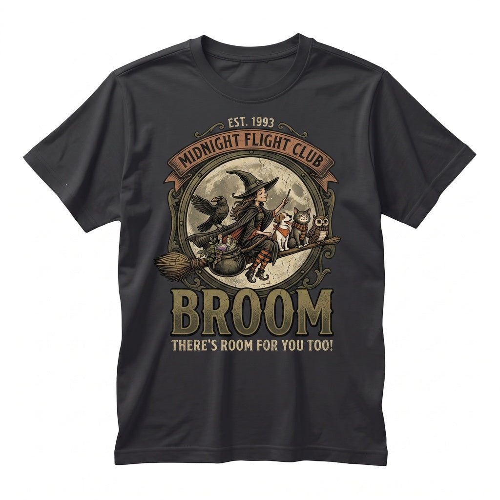 Spooky Witch Flying Broomstick Graphic Novelty Party Apparel - Halloween Fall Season Fun Unisex TShirt