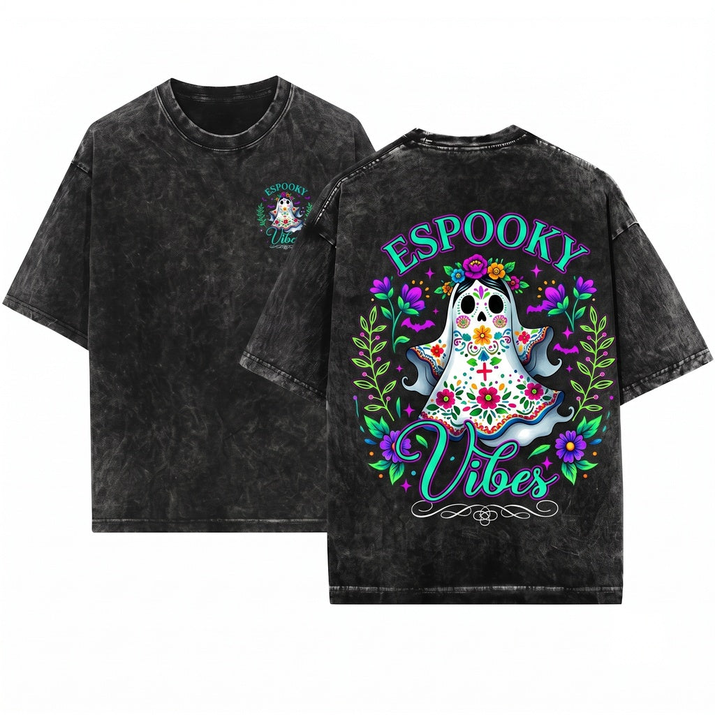 Espooky Season Halloween Cute Ghost Coffee Mexican Latina Spooky Conchas Unisex Wash T-Shirt