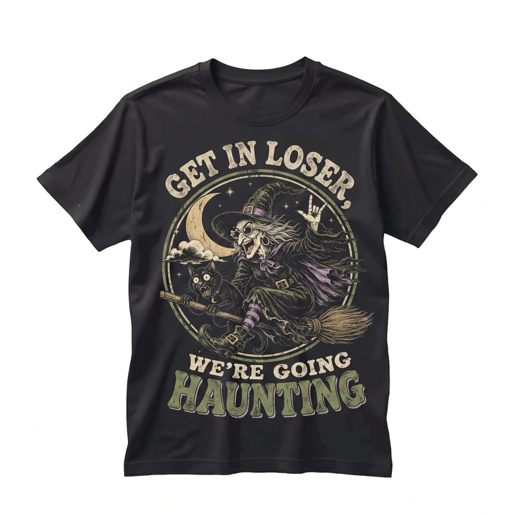 Get In Loser Were Going Haunting Funny Witch Halloween Black Cat Graphic Spooky Season Gift Unisex TShirt