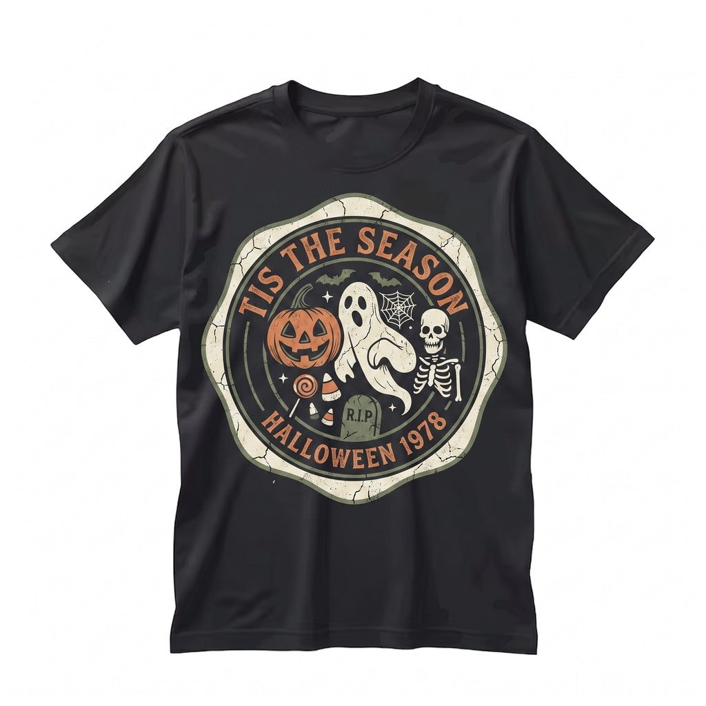 Tis the Season Vintage Halloween Skeleton Pumpkin Ghost Graphic Apparel Unisex TShirt