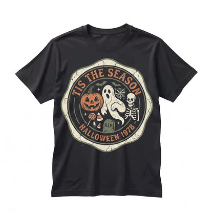 Tis the Season Vintage Halloween Skeleton Pumpkin Ghost Graphic Apparel Unisex TShirt