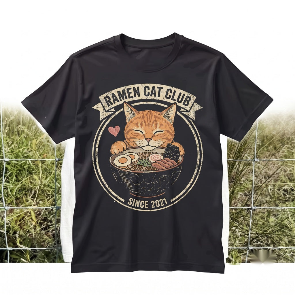 Vintage Cute Ramen Cat Graphic Kawaii Japanese Food Retro Cozy Animal Streetwear Gift Unisex TShirt