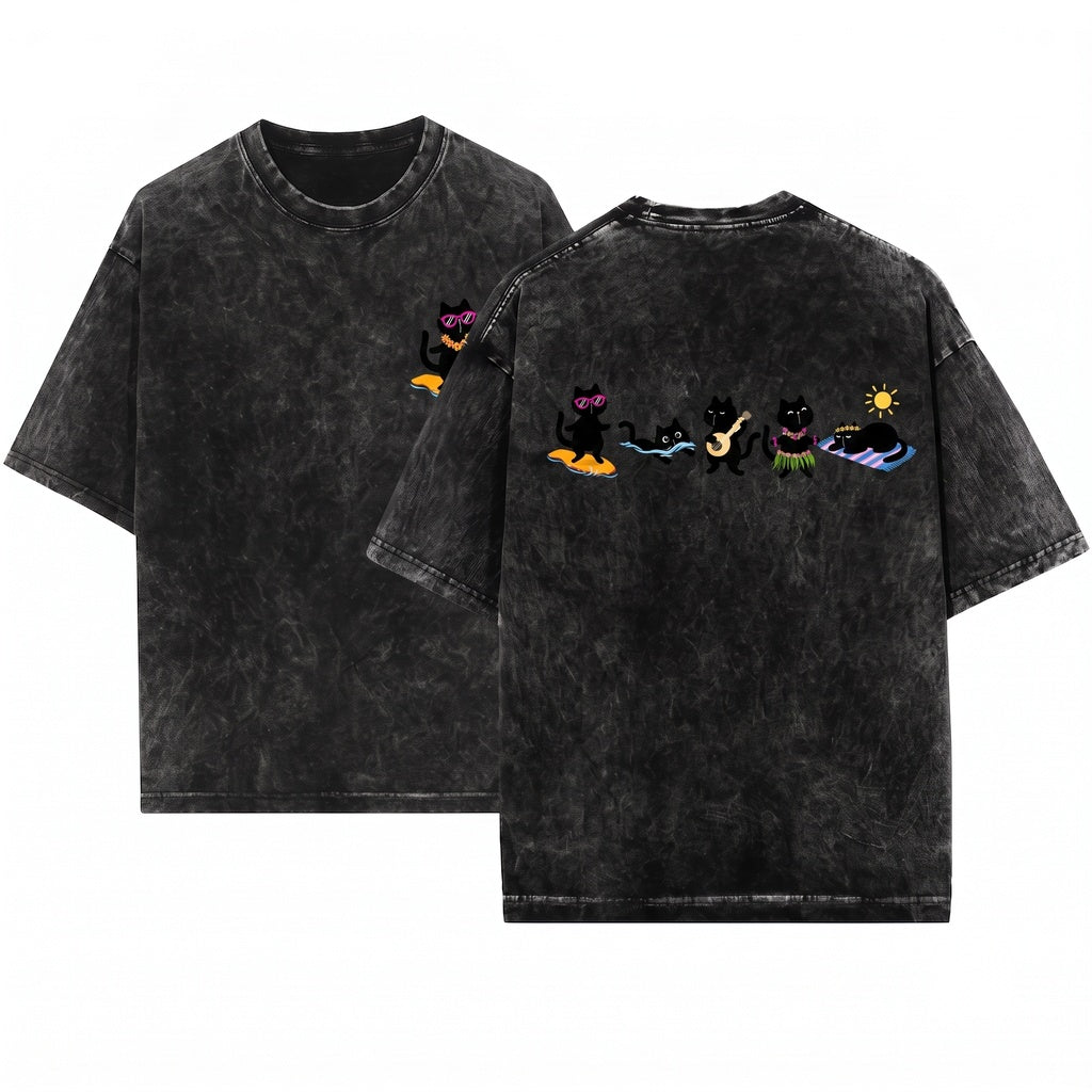 Funny Hawaiian Beach Vacation Surfing Tropical Black Cat Lover Graphic Unisex Wash T-Shirt