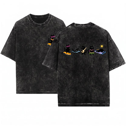 Funny Hawaiian Beach Vacation Surfing Tropical Black Cat Lover Graphic Unisex Wash T-Shirt