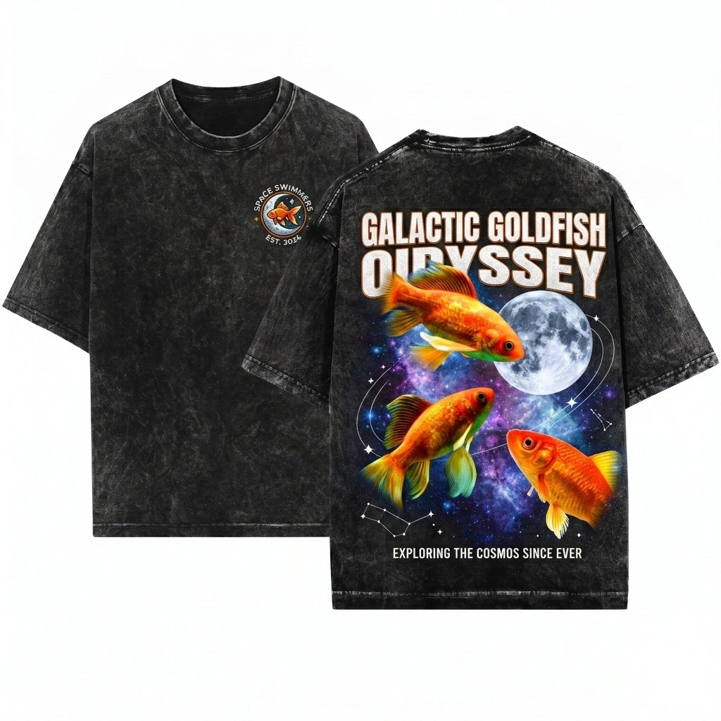 Three Goldfish Retro Moon Graphic Meme Funny Vintage Oversized Fish Lovers Unisex Wash T-Shirt