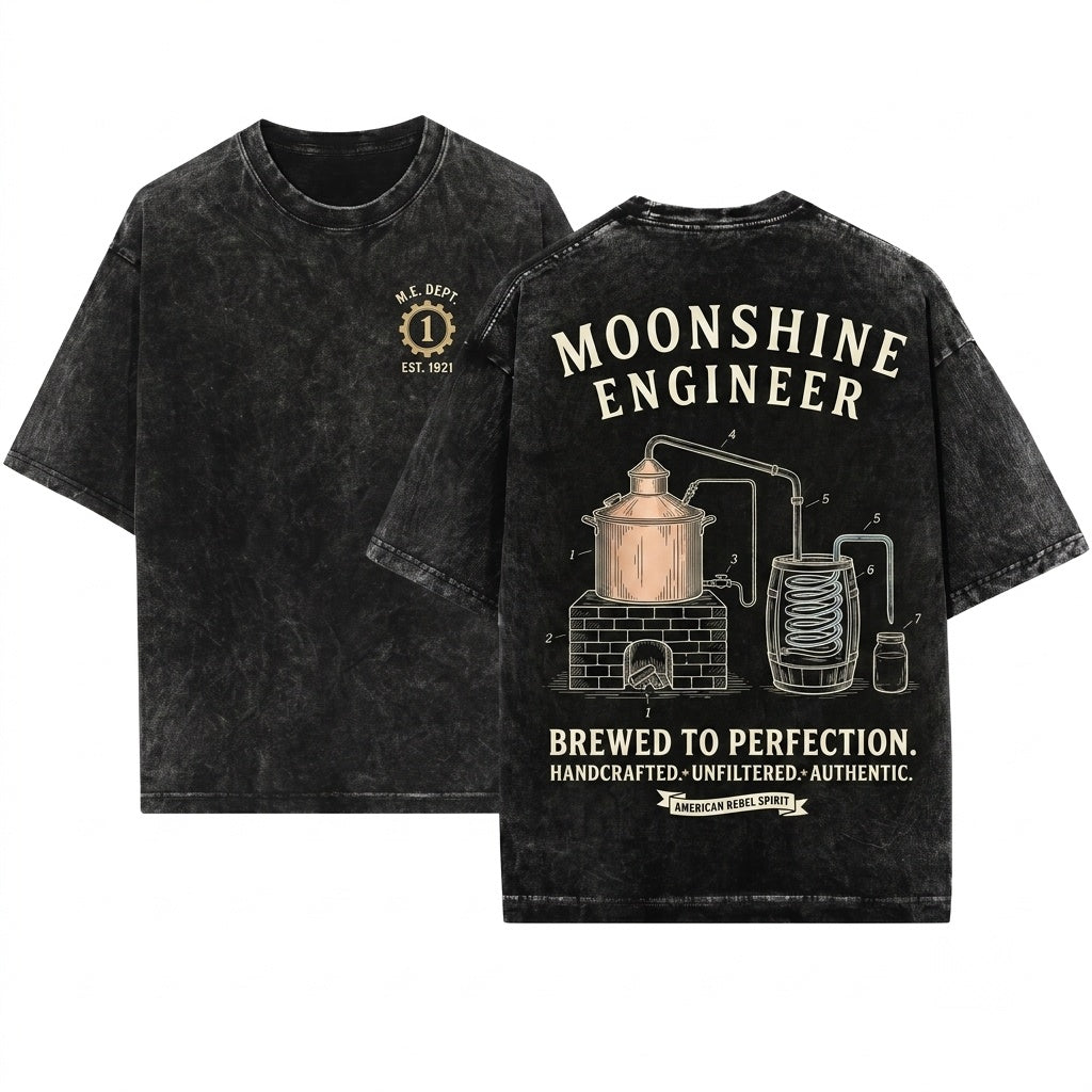 Moonshine Patent Vintage Engineer Blueprint Drawing Graphic Unisex Wash T-Shirt