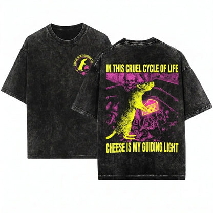 Cheese is My Guiding Light Rat Graphic Apparel Mouse Lovers Gift Funny Quote Casual Short Sleeve Unisex Wash T-Shirt