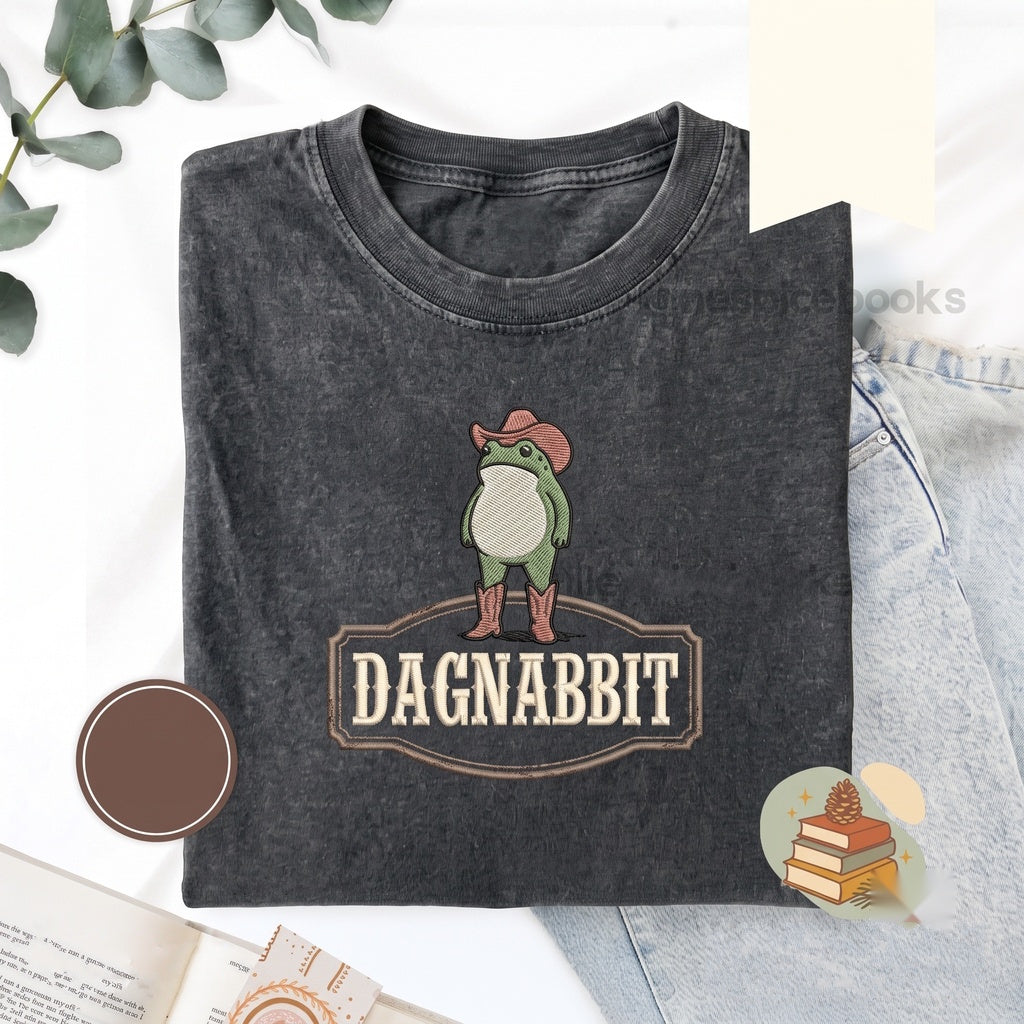 Dagnabbit Cowboy Frog Embroidered Pink Cowgirl Boots Funny Graphic Cotton Vintage Unisex TShirt