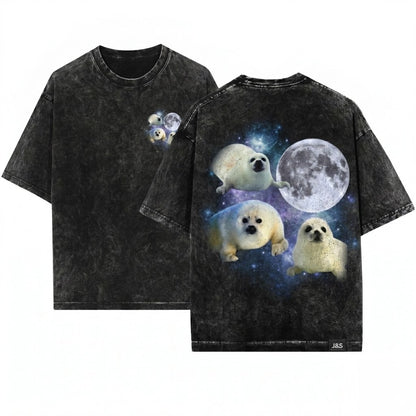 Three Baby Seal Retro Moon Vintage Graphic Cute Animal Lover Relaxed Adult Unisex Wash T-Shirt