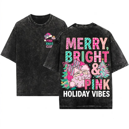 Brushstroke Pink Christmas PNG Bundle Merry Bright Floral Nutcracker Santa Joy Varsity Graphic Unisex Wash T-Shirt