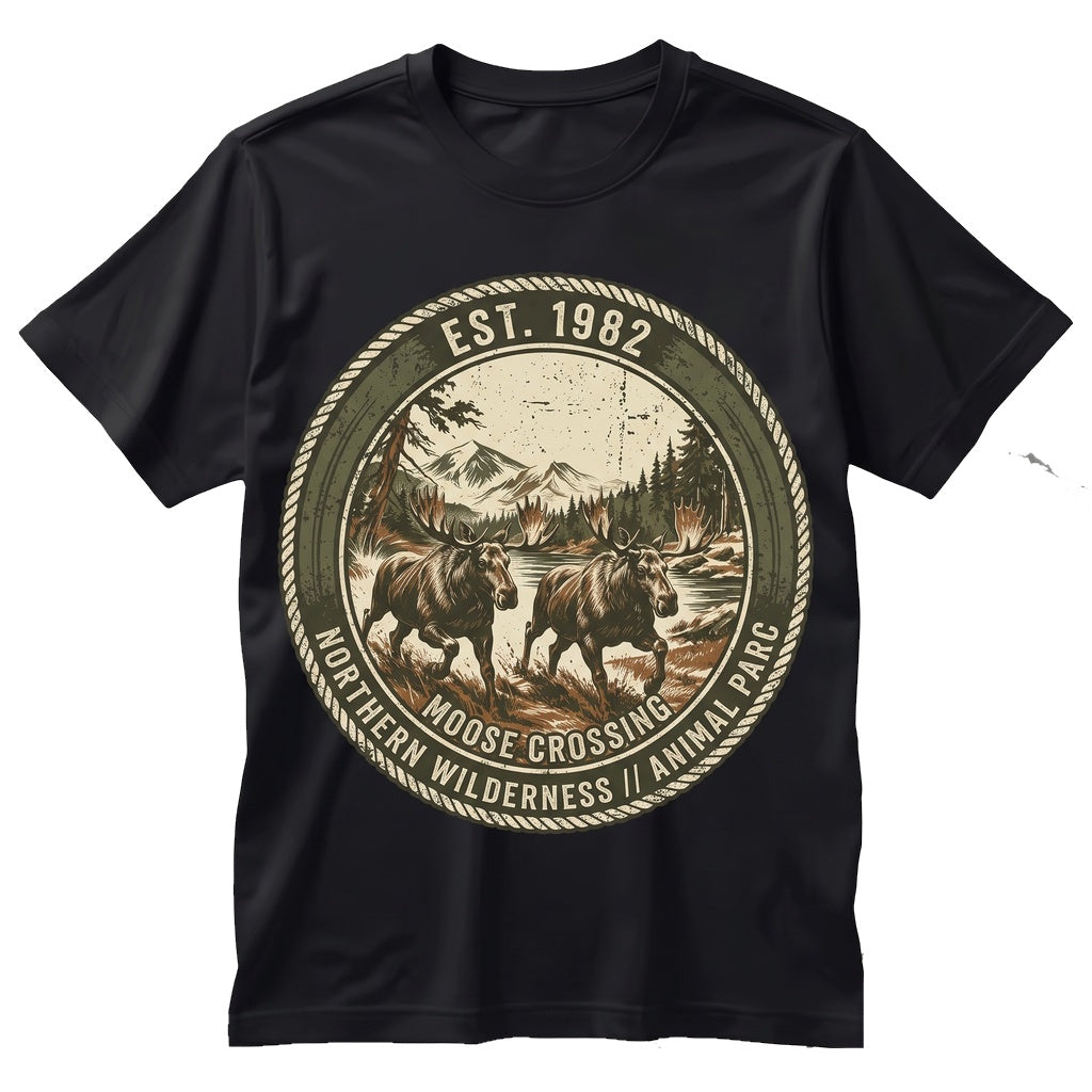 Running Moose Wildlife Graphic Nature Lover Rustic Forest Animal Outdoors Elk Alaska Hunting Gift Unisex TShirt