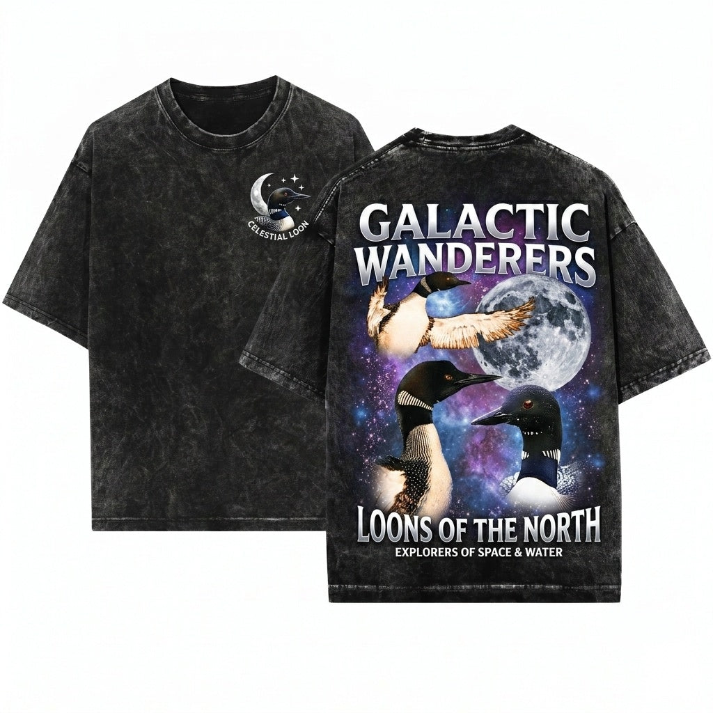 Three Common Loon Vintage Water Bird Galaxy Retro Cosmic Space Animal Birder Gift Graphic Unisex Wash T-Shirt