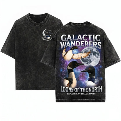 Three Common Loon Vintage Water Bird Galaxy Retro Cosmic Space Animal Birder Gift Graphic Unisex Wash T-Shirt