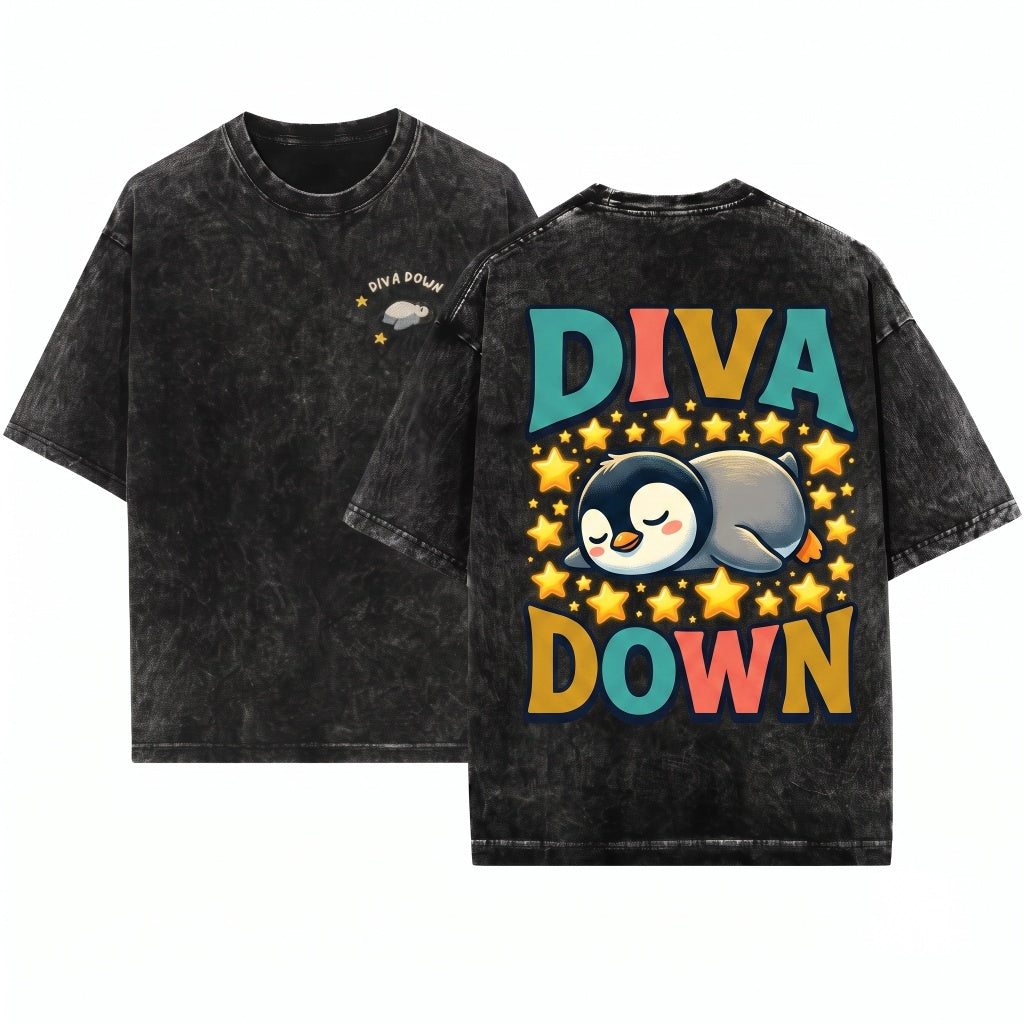 Diva Down Penguin Embroidered Funny Animal Graphic Apparel Heavyweight Unisex Wash T-Shirt