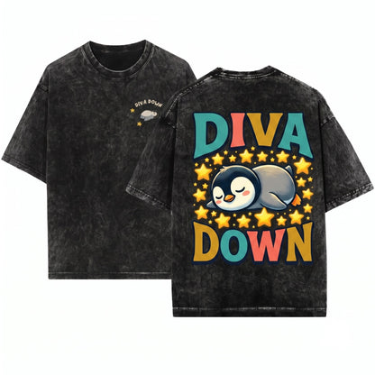 Diva Down Penguin Embroidered Funny Animal Graphic Apparel Heavyweight Unisex Wash T-Shirt