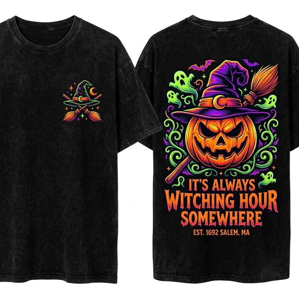 Scary Witch Broom Pumpkin Halloween Vintage Jack O Lantern Spooky Season Unisex Wash T-Shirt