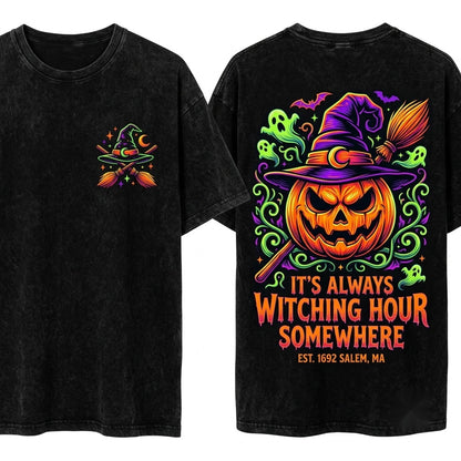 Scary Witch Broom Pumpkin Halloween Vintage Jack O Lantern Spooky Season Unisex Wash T-Shirt