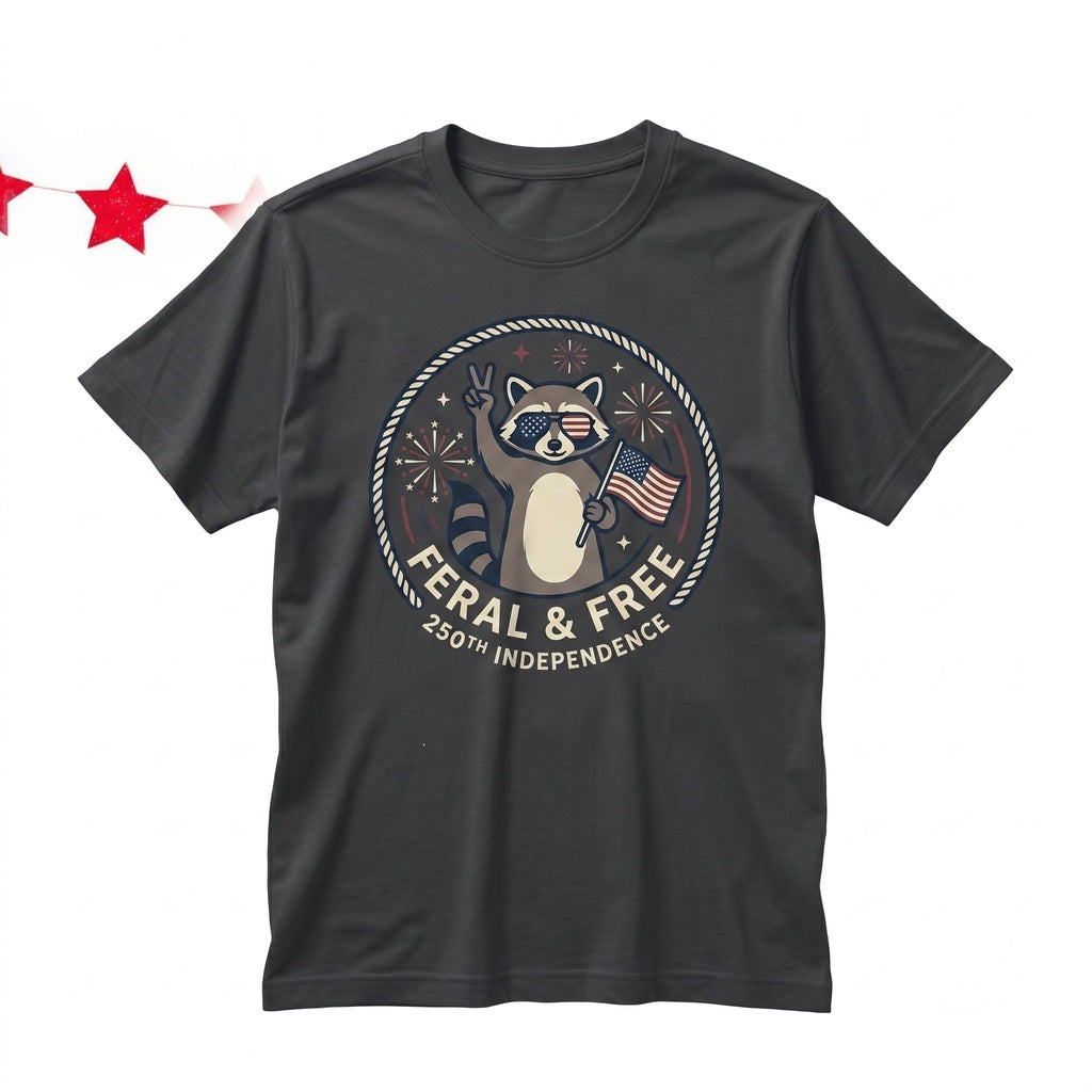 Feral Free Raccoon Trash Panda Funny Unhinged Animal Meme 250th Independence Day 4th of July Unisex TShirt