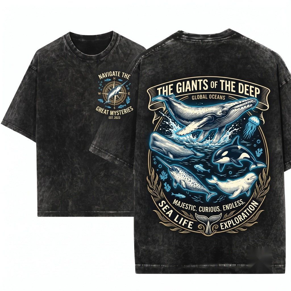 Retro Old School Whale Ocean Mammal Wildlife Marine Coastal Nature Graphic Gift Unisex Wash T-Shirt