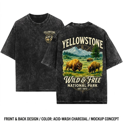 Vintage Yellowstone Bison Western Nature Graphic Wildlife National Park Rustic Outdoors Forest Buffalo Unisex Wash T-Shirt