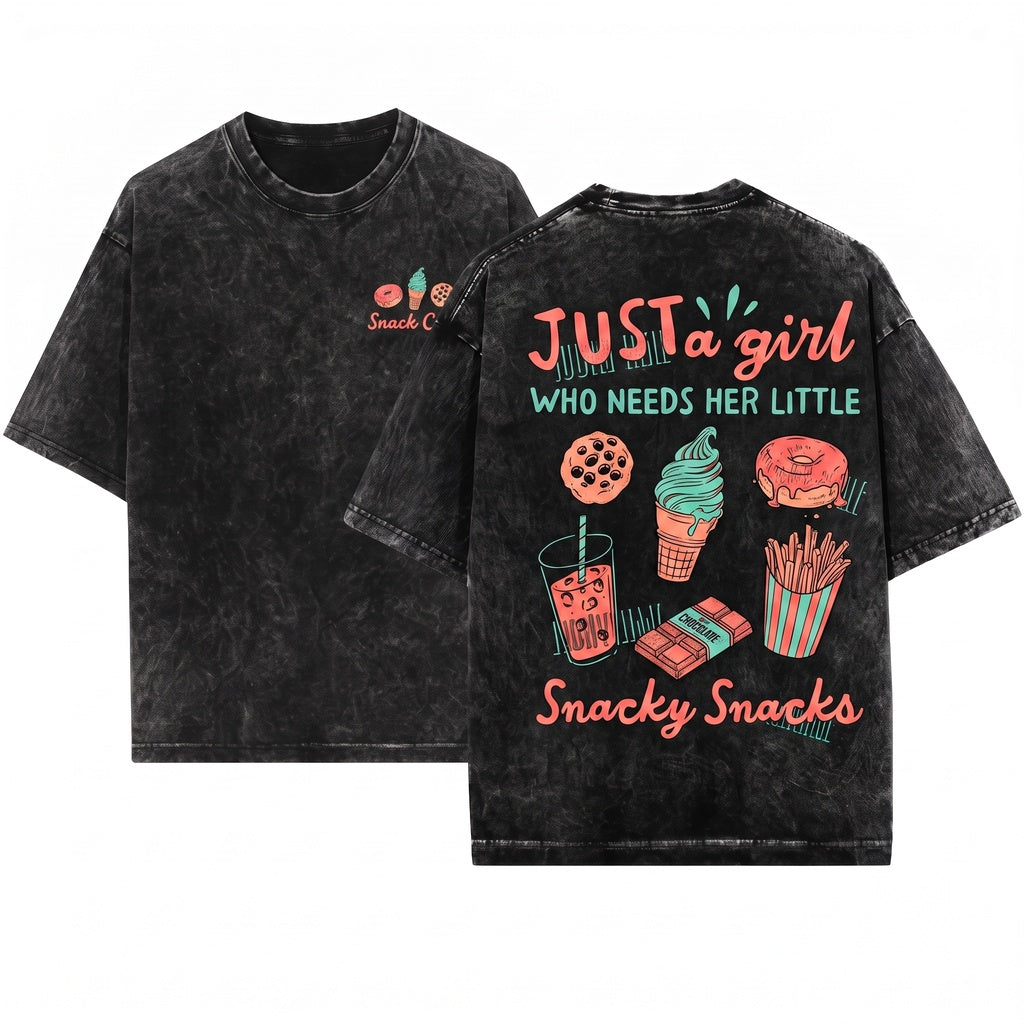 Just A Girl Who Needs Her Little Snacky Snacks Youth Funny Food Lover Graphic Gift Unisex Wash T-Shirt